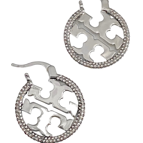 NEW Tory Burch SILVER PAVE Miller Hoop Earrings $305 - Picture 1 of 7